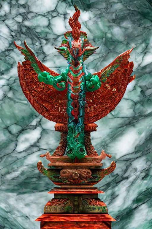 Prompt: aztec quetzalcoatl carved from translucent jade, dynamic pose standing on a marble pedestal, intricate details, intricate textures, warm lighting, vivid colors, smoke and mist, realistic octane render, hyper realistic render, volumetric shading, depth of field, raytracing, 8 k,