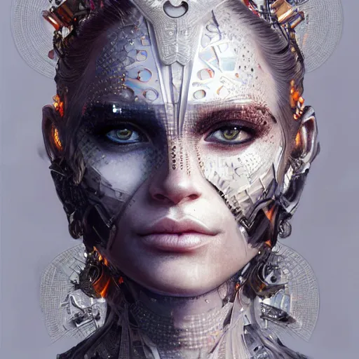 Prompt: a robotic goddess, tattoo face, jewelry skin, highly detailed, digital painting, smooth, sharp, beautiful face, expressive eyes, highly intricate, art by greg rutkowski and alex gray