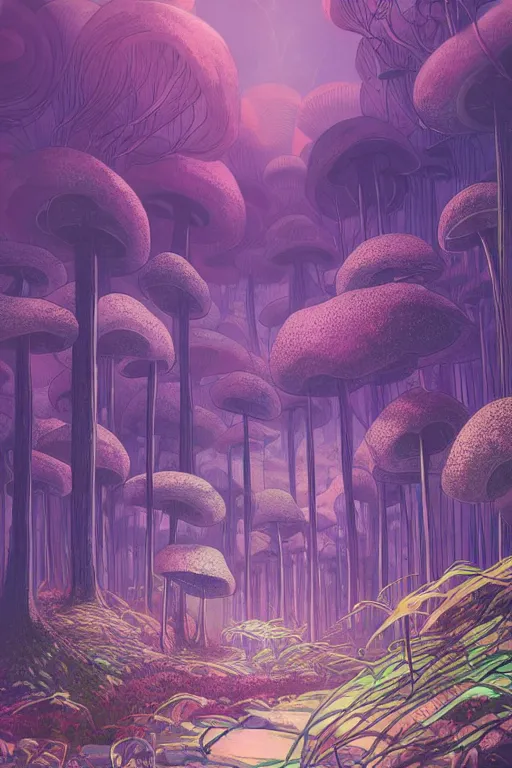 Prompt: concept art painting of an alien world with mushroom forests, artgerm, moebius, inio asano, toon shading, cel shading, calm, tranquil, vaporwave colors,