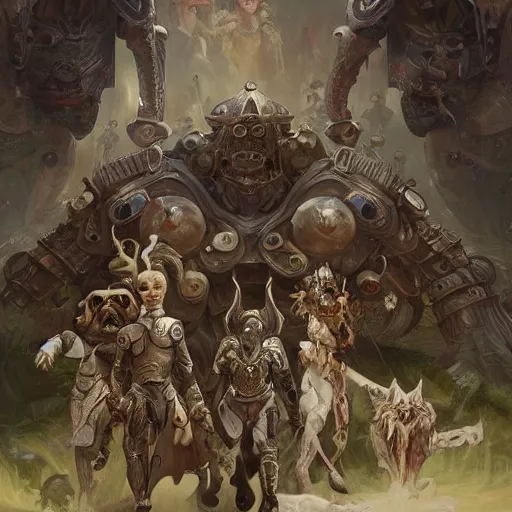 Prompt: group of humanoids with pug heads with stern expressions dressed in armor going to battle english countryside, ssci - fi and fantasy, intricate and very very beautiful and elegant, highly detailed, digital painting, artstation, concept art, smooth and sharp focus, illustration, art by tian zi and wlop and alphonse mucha