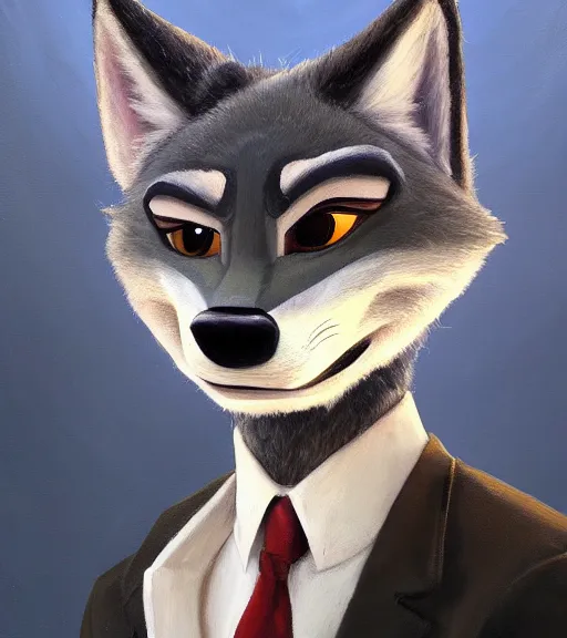 Image similar to oil painting bust of anthromorphic female wolf, in style of zootopia, zootopia, zootopia, fursona, furry, furaffinity, 4 k, deviantart, furry art, fursona art, wearing black business suit, business suit, in style of zootopia, wolf fursona, cyberpunk, female, expressive detailed feminine face,