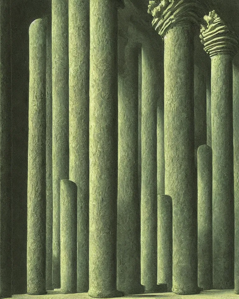 Prompt: achingly beautiful painting of intricate ancient giger columns on jade background by rene magritte, monet, and turner. giovanni battista piranesi.