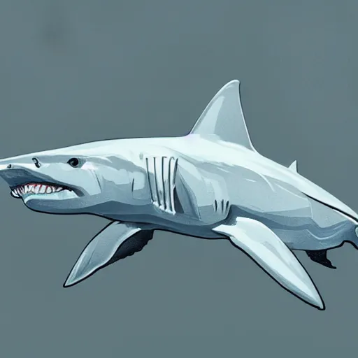 Image similar to great white shark, side view, with a conical orange traffic cone instead of a fin - ron cheng & alphonse mucha, highly detailed, digital painting, ray tracing, concept art, illustration, smooth sharp focus, intricate, symmetry, artstation,