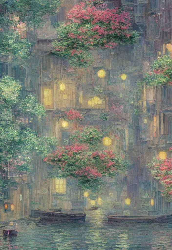 Image similar to a beautiful japanese city near the sea, amazing ryokans and gorgeous edo era houses, epic cyberpunk, lofi vibe, colorful, vivide colors, amazing light, really beautiful nature, oil painting in impressionist style, by jeremy lipkin, by claude monet, by makoto shinkai, multiple brush strokes, inspired by ghibli, masterpiece, beautiful