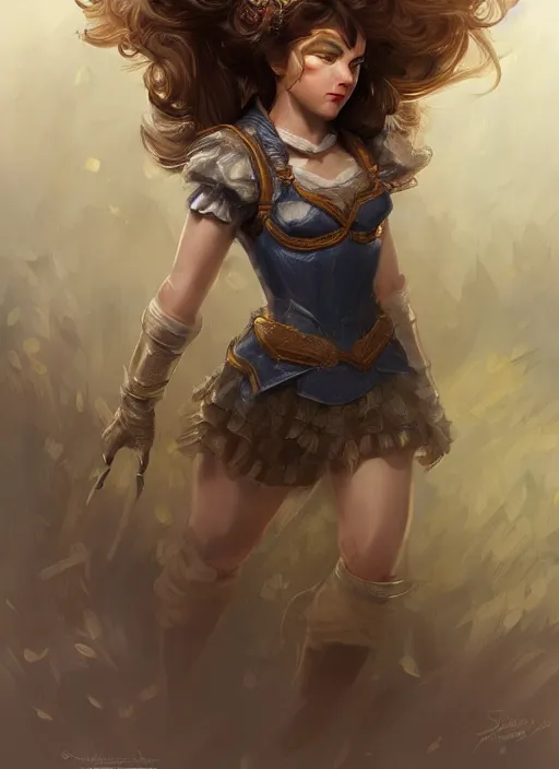 Image similar to beautiful female Dorothy gale, full body character concept, armor, super powers, fantasy, intricate, elegant, highly detailed, digital painting, artstation, concept art, shining, sharp focus, illustration, art by stanley lau