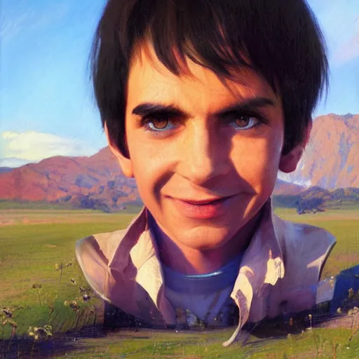 Prompt: Giant head of david copperfield with four wheels, running fast on a californian highway, rays of light, particles light, kuvshinov ilya