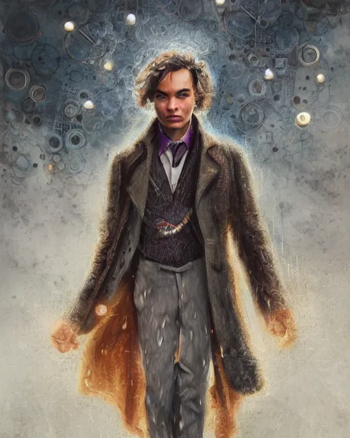Prompt: frank dillane wearing a stylish mix of modern and old british clothing with a magic metal glove with circuits and gems and radiating a magical aura, seductive, sexy, wispy tendrils of smoke, intricate, digital painting, old english, raining, sepia, particles floating, whimsical background by marc simonetti, artwork by liam wong