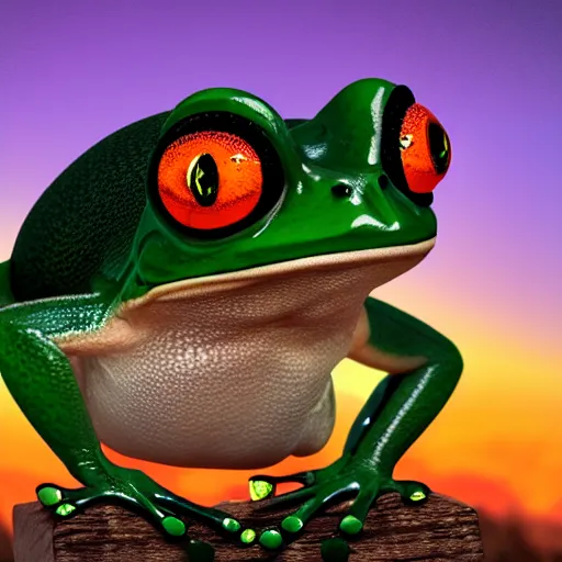 Image similar to king frog on a throne in beautiful mountains watching a sunset, photorealistic award winning