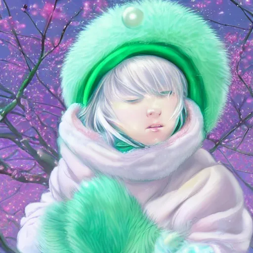 Prompt: aesthetic portrait commission of a albino male anthro liger under a cherry blossom tree bubble filled while wearing a cute mint colored cozy soft pastel winter outfit with pearls on it, winter atmosphere. character design by artgerm, and makoto shinkai, detailed, inked, western comic book art, 2 0 2 0 award winning painting