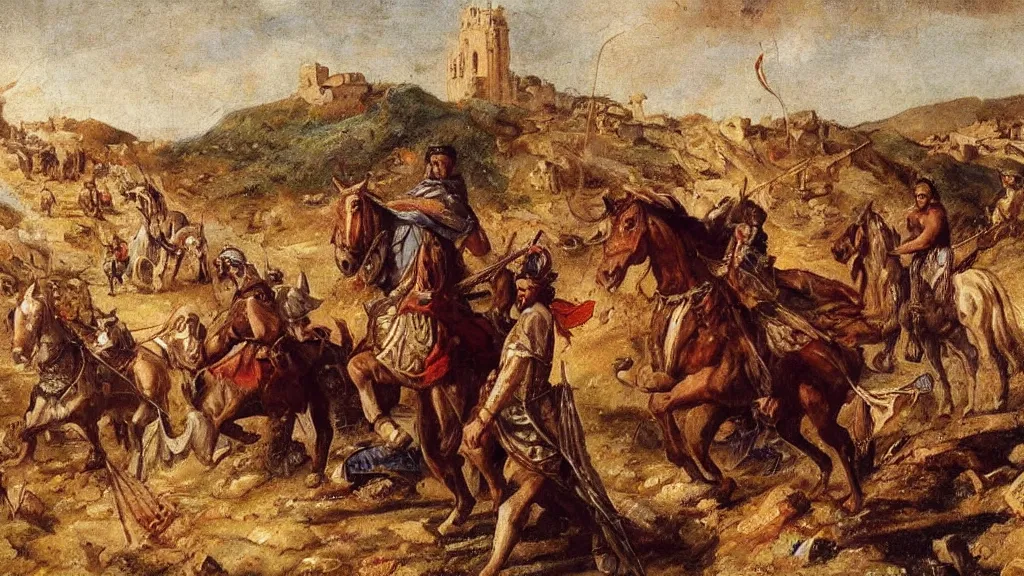 Image similar to nomadic early medieval hunnic khan on horseback surrounded by fires and rubble of roman buildings and mostly destroyed roman buildings, oil painting, cinematic, late antiquity, roman