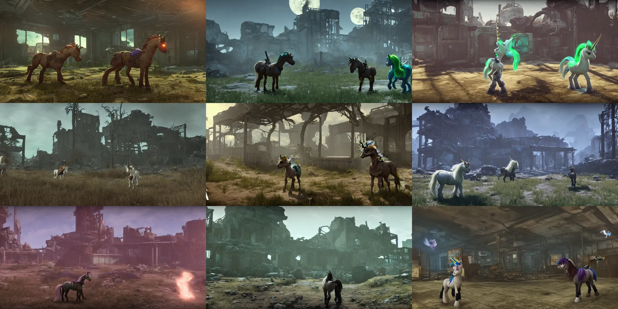 Prompt: ps 4 fps gameplay screenshot | fallout : equestria | quadrupedal, unreal engine 5, 8 k, my little pony : friendship is magic, fallout, crossover | white unicorn pony with brown shaggy mane with glowing green magic around her horn exploring library interior ruins