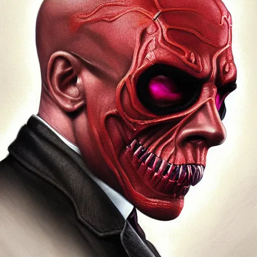 Image similar to portrait of Gustavo Fring as Marvel\'s Red Skull, elegant, intricate, headshot, highly detailed, digital painting, artstation, concept art, sharp focus, illustration, art by artgerm and greg rutkowski and alphonse mucha