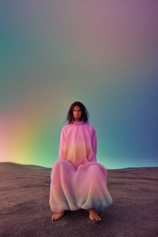 Image similar to high quality pastel coloured film close up wide angle photograph of a model wearing clothing resting on cloud furniture in a icelandic black rock!! environment in a partially haze filled dreamstate world. three point light, rainbow. photographic production. art directed. pastel colours. volumetric clouds. pastel gradient overlay. waves glitch artefacts. extreme facial clarity. 8 k. filmic.