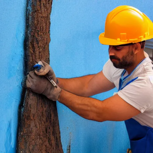 Prompt: construction worker painting a tree blue