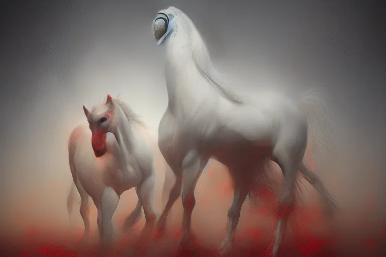 Image similar to a white cyberpunk horses with human heads, in the style of beksinski, intricate and epic composition, red by caravaggio, insanely quality, highly detailed, masterpiece, red light, artstation, 4 k