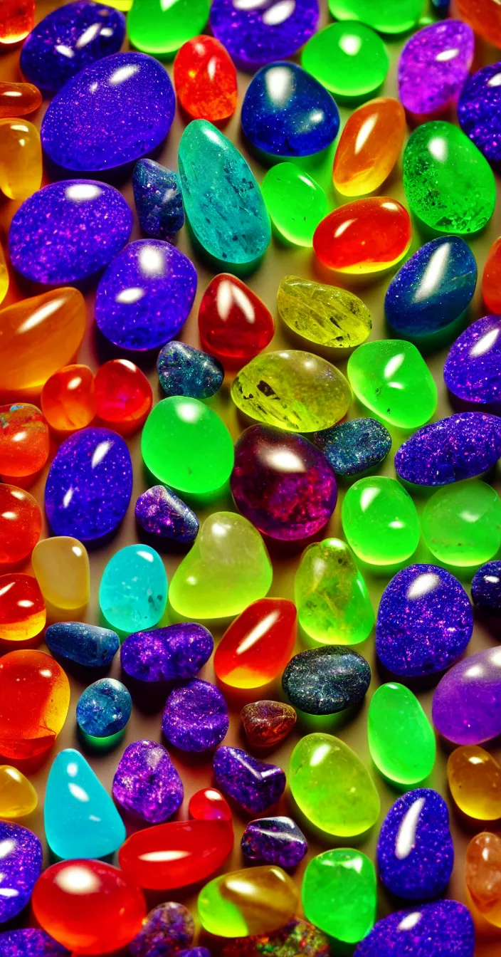 Prompt: highly detailed realistic photo of medium size rainbow colored transparent stones glowing from behind, dark background, vibrant colors, award winning masterpiece photography, hyper realistic, concept art, 8 k detail post - processing
