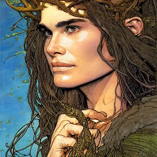 Image similar to a realistic, very beautiful and atmospheric portrait of young brooke shields aged 1 8 as a druidic warrior wizard looking at the camera with an intelligent gaze by rebecca guay, michael kaluta, charles vess and jean moebius giraud