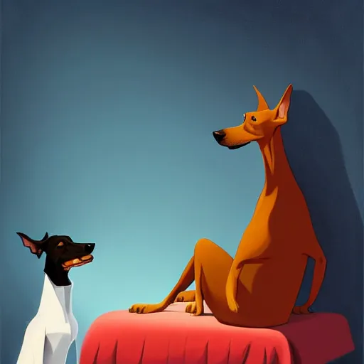 Image similar to goro fujita ilustration an affectionate and pretty doberman sitting on his bed by goro fujita, painting by goro fujita, sharp focus, highly detailed, artstation