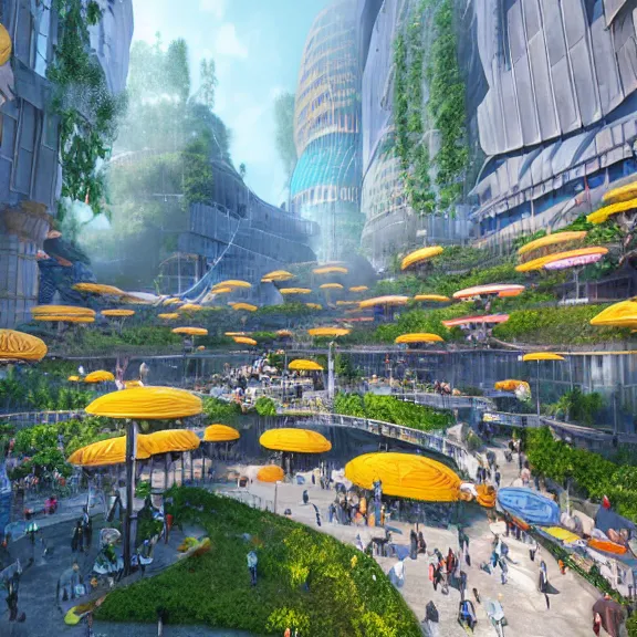 Image similar to environment concept art location of a giant outdoor amphitheater in a sci-fi eco-city, skybridges, turrets, crowded, hundreds of pedestrians, sunbeams, bold bright colors, unreal engine, detailed, octane render, 4k, photorealistic, cinematic lighting