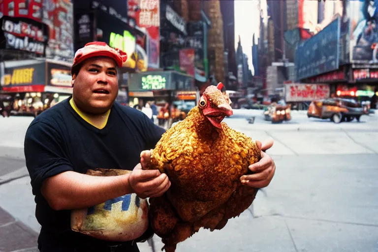 Image similar to closeup potrait of Shrek selling chicken in a new York street, natural light, sharp, detailed face, magazine, press, photo, Steve McCurry, David Lazar, Canon, Nikon, focus