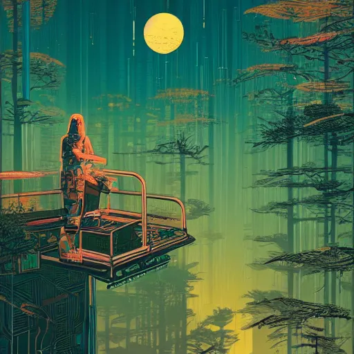 Prompt: Stunning illustration of single cyberpunk explorer overlooking lush forest , highly detailed, sunset, by Victo Ngai and James Gilleard , Moebius, Laurie Greasley