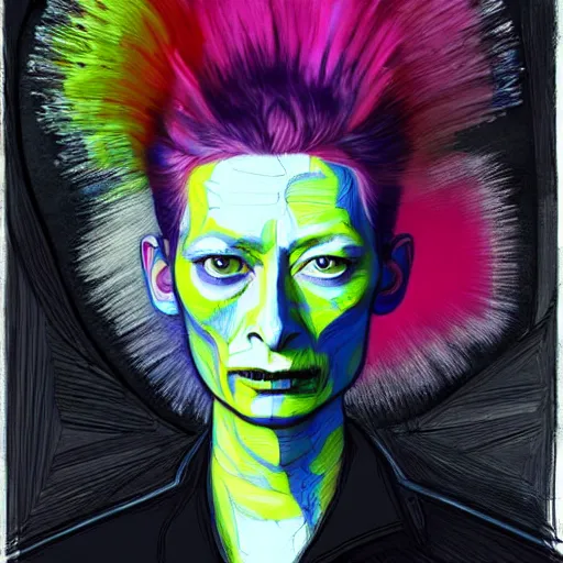 Prompt: a realistic yet sketched punk neon tilda swinton, trending on artstation, by archan nair and marlene dumas, intricate details, flowers, in the style of frank auerbach, in the style of martin ansin, in the style of david aja, by kandinsky