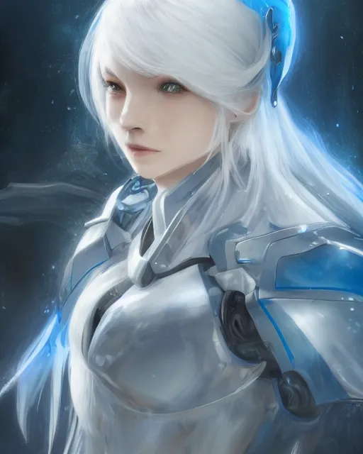 Image similar to perfect white haired girl, warframe armor, beautiful, dreamy, pretty face, blue eyes, detailed, windy weather, scifi, utopian architecture, laboratory, 4 k, ultra realistic, aura of light, cinematic, high detail, masterpiece, art by akihito tsukushi, akasuki voidstar