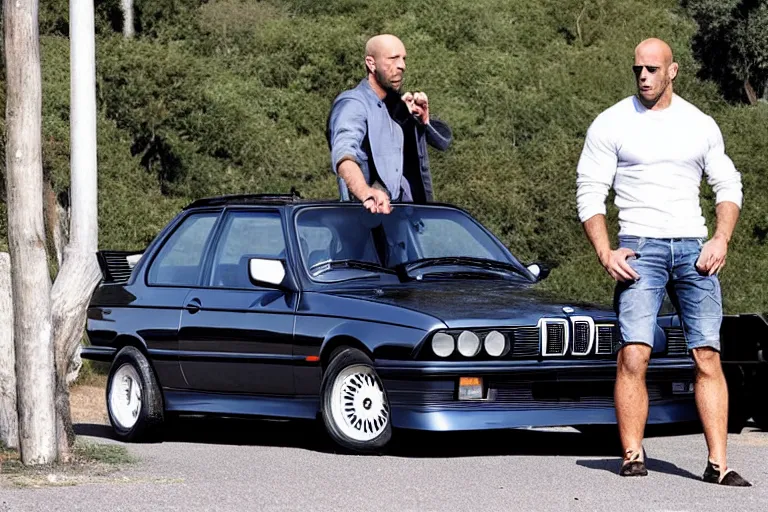 Image similar to giant Jason Statham picks up a BMW e30