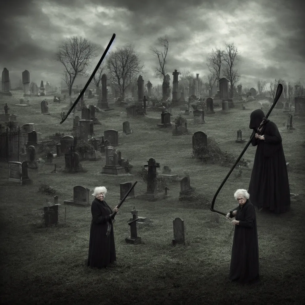 Prompt: old lady in the graveyard with a scythe, central composition, dark and mysterious, atmospheric, ominous, eerie, cinematic, 4k, ultra detail, ultra realistic