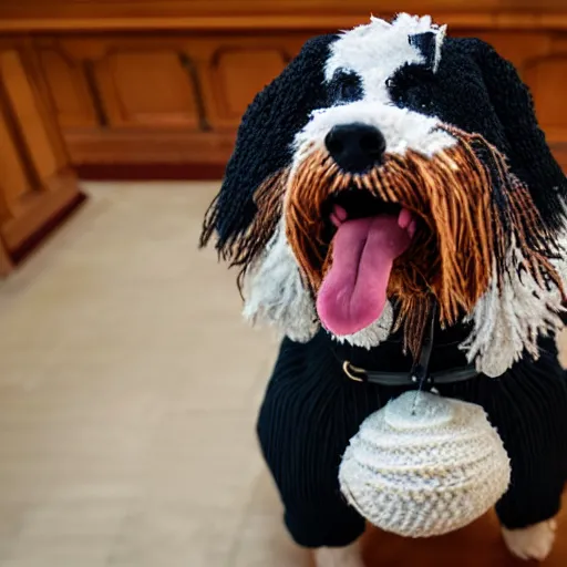 Image similar to a closeup photorealistic photograph of a cute smiling knitted bernedoodle judge dog dressed in a black gown, presiding over the courthouse. indoor image, professional capture, well lit shot. this 4 k hd image is trending on artstation, featured on behance, well - rendered, extra crisp, features intricate detail, epic composition and the style of unreal engine.