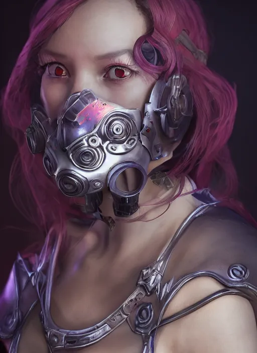 Image similar to renata glasc, from league of legends, chemical baroness wearing a toxic mask, au naturel, hilo, hyper detailed, digital art, trending in artstation, cinematic lighting, studio quality, smooth render, unreal engine 5 rendered, octane rendered, art style by klimt and nixeu and ian sprigger and wlop and krenz cushart