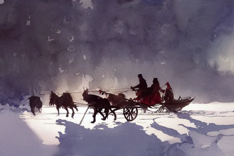 Prompt: watercolor painting of sleigh on ice lake, winter, ambient lighting, dust, art by anders zorn and winslow homer, wonderful masterpiece by greg rutkowski, cinematic light, american romanticism by greg manchess, creation by tyler edlin