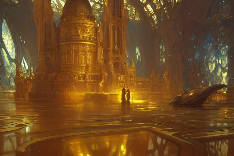 Image similar to a background matte painting for a high tech science fiction religious room with chambers of bubbling liquid gold intricate digital painting artstation concept art smooth sharp focus illustration, art by artgerm and paul chadeisson and greg rutkowski and alphonse mucha