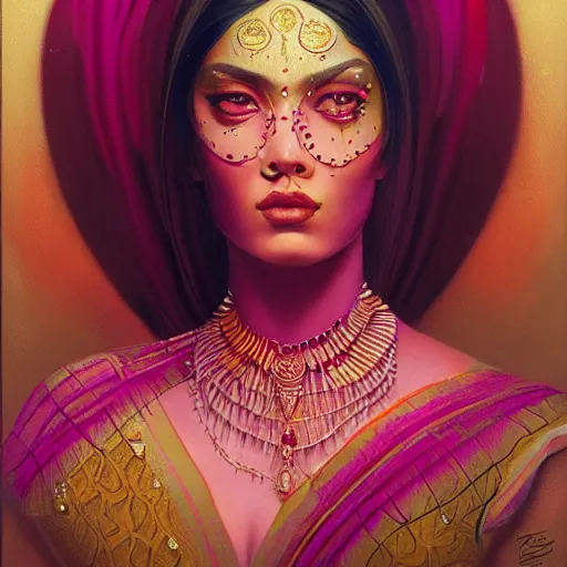 Image similar to side portrait of a beautiful Desi queen of tigers, pink and gold, by Anato Finnstark, Tom Bagshaw, Brom