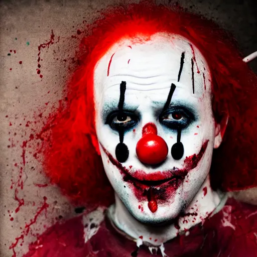 Image similar to medium shot of an expressionless clown with blood splattered on his face, muted tones, slightly out of focus, found footage, bland colors