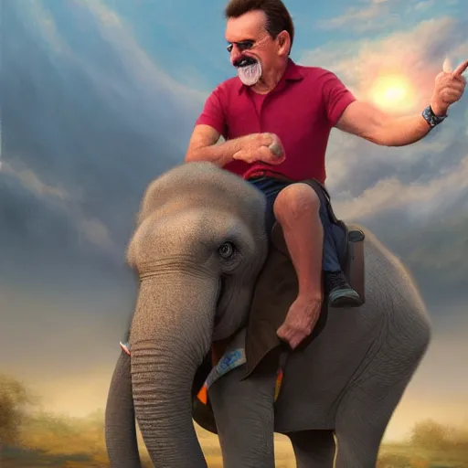 Image similar to Paul chuckle taking a selfie while riding an elephant, fantasy painting, soft lighting, artstation, 4k