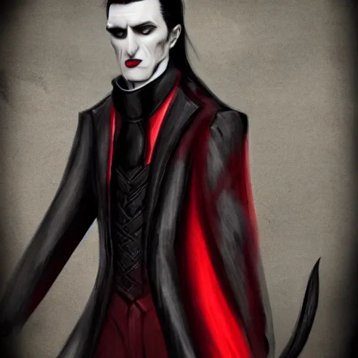 Prompt: a vampire, male, mid - 3 0 s aged, long, slicked black hair, clean shaven, in red and black, regal, high fantasy, realistic, highly detailed, full body shot, concept art, 8 k.