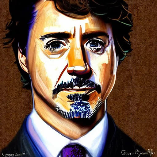 Image similar to portrait of justin trudeau or robert downey junior by greg ruthkowski