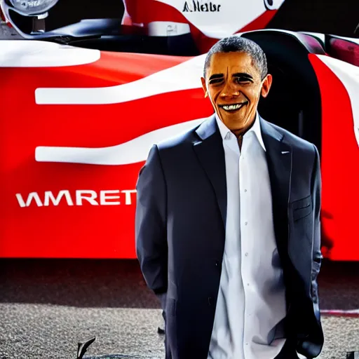 Image similar to a portrait of a mercedes f 1 driver in a white overall with the face of barack obama, outdoor, professional portrait photography, ambient light