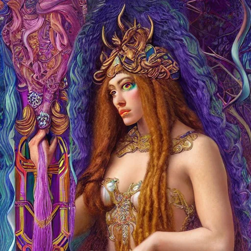 Image similar to artstation, intricate details, hyper details, by gaston bussiere and sandro botticelli, tan skin sumerian goddess inanna, lady of elche, egyptian sumerian features, techno mystic dominatrix goddess intergalactica, inanna with aqua neon rapunzel dreadlocks,