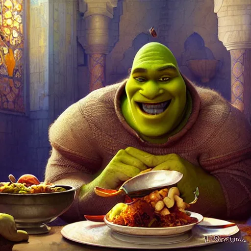 Image similar to shrek eating moroccan tagine, highly detailed, digital painting, artstation, concept art, smooth, sharp focus, illustration, art by artgerm and greg rutkowski and alphonse mucha