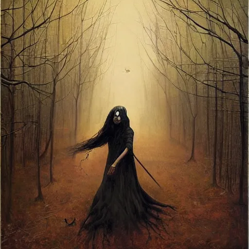 Prompt: an oil painting of a witch by esao andrews. circa survive album cover art. dark. muted colors. gothic. oil painting with brush strokes. creepy.