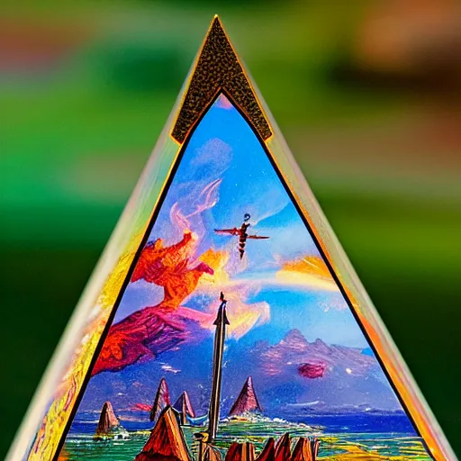 Image similar to flaming tall iridescent village pyramid puffin cove phantasm casket, by george lucas and mikhail larionov and dan mumford, 2 0 megapixels, tarot card, tilt shift