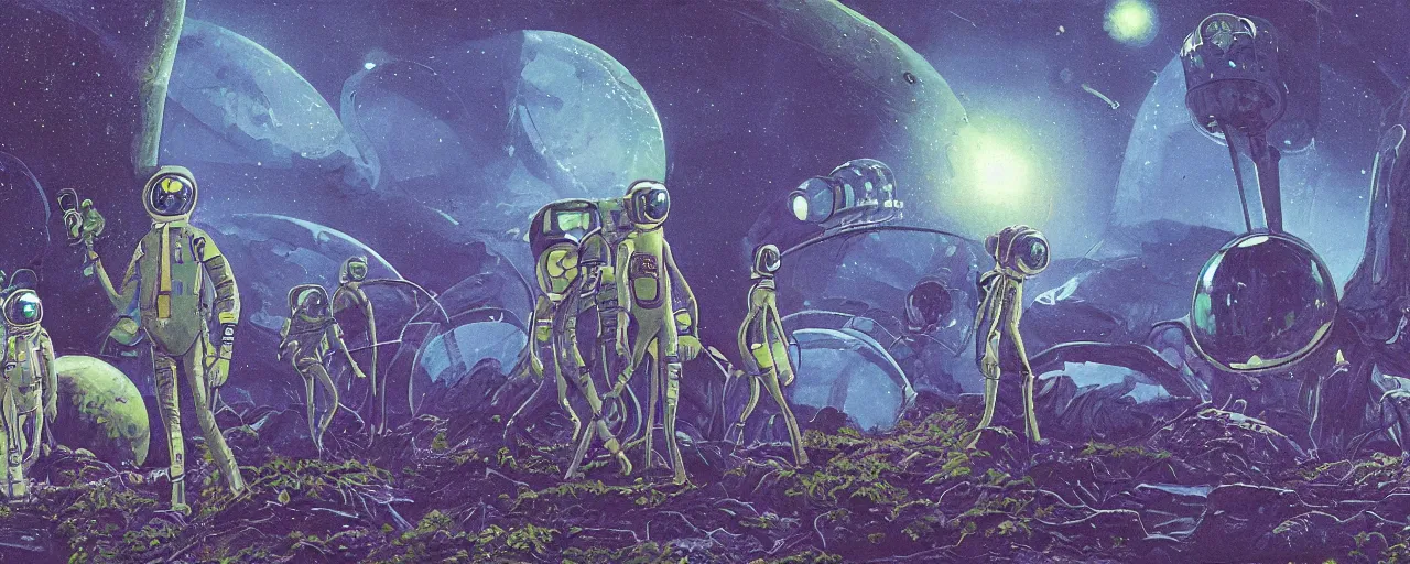 Image similar to a portrait of pilot aliens in spacesuit on field forrest spaceship station landing laying lake artillery outer worlds in FANTASTIC PLANET La planète sauvage animation by René Laloux