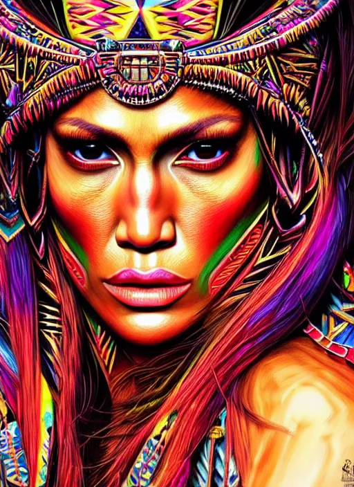 Image similar to portrait of jennifer lopez, hyper detailed ultra sharp aztec shaman warrior. trending on artstation, warpaint aesthetic, bloodwave, colorful, psychedelic, ornate, intricate, digital painting, concept art, smooth, sharp focus, illustration, art by artgerm and greg rutkowski and h. r. giger, 8 k