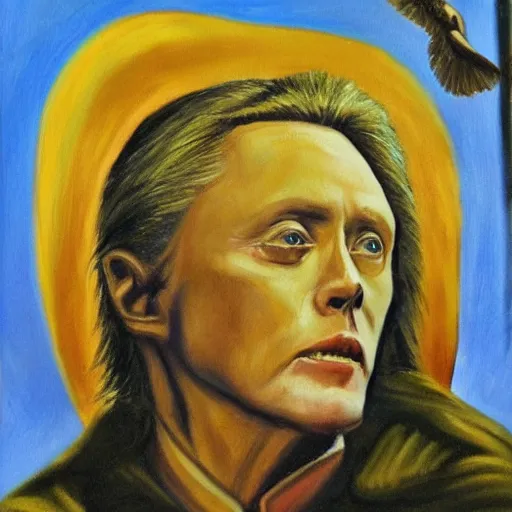 Prompt: Christopher Walken painted like a Saint with halo behind head, angels flying aound.