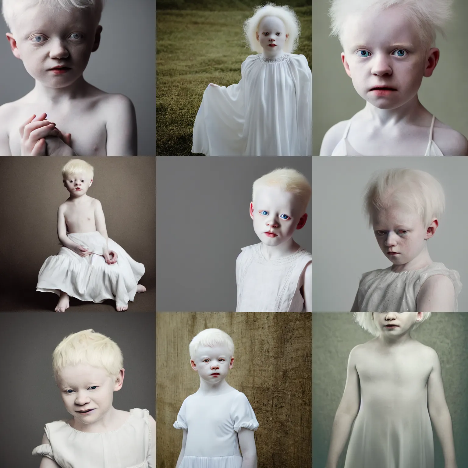Prompt: an albino child wearing a white dress, mysterious, portrait, digital photograph, smirking, magical