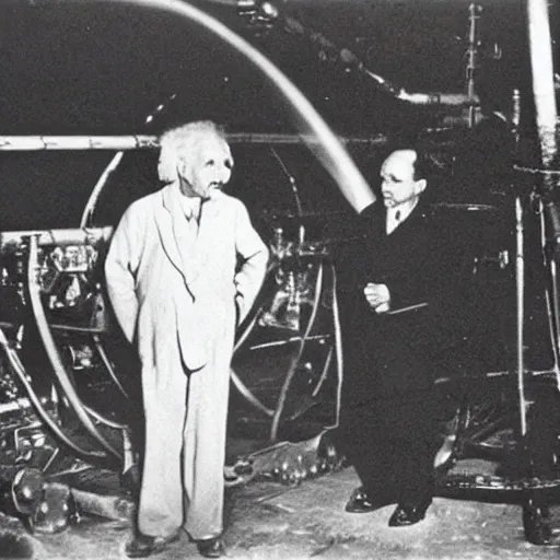 Image similar to Albert Einstein inspecting the first atomic bomb prior to detonation. 1940's photograph