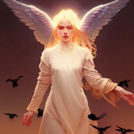 Image similar to An angelic girl with blonde hair, glowing halo, surrounded by crows, fantasy, intricate, elegant, highly detailed, digital painting, artstation, concept art, smooth, sharp focus, illustration, art by Krenz Cushart and Artem Demura and alphonse mucha