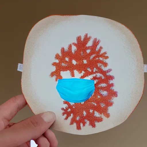 Prompt: a coral reef painted on a plaster mask, white background